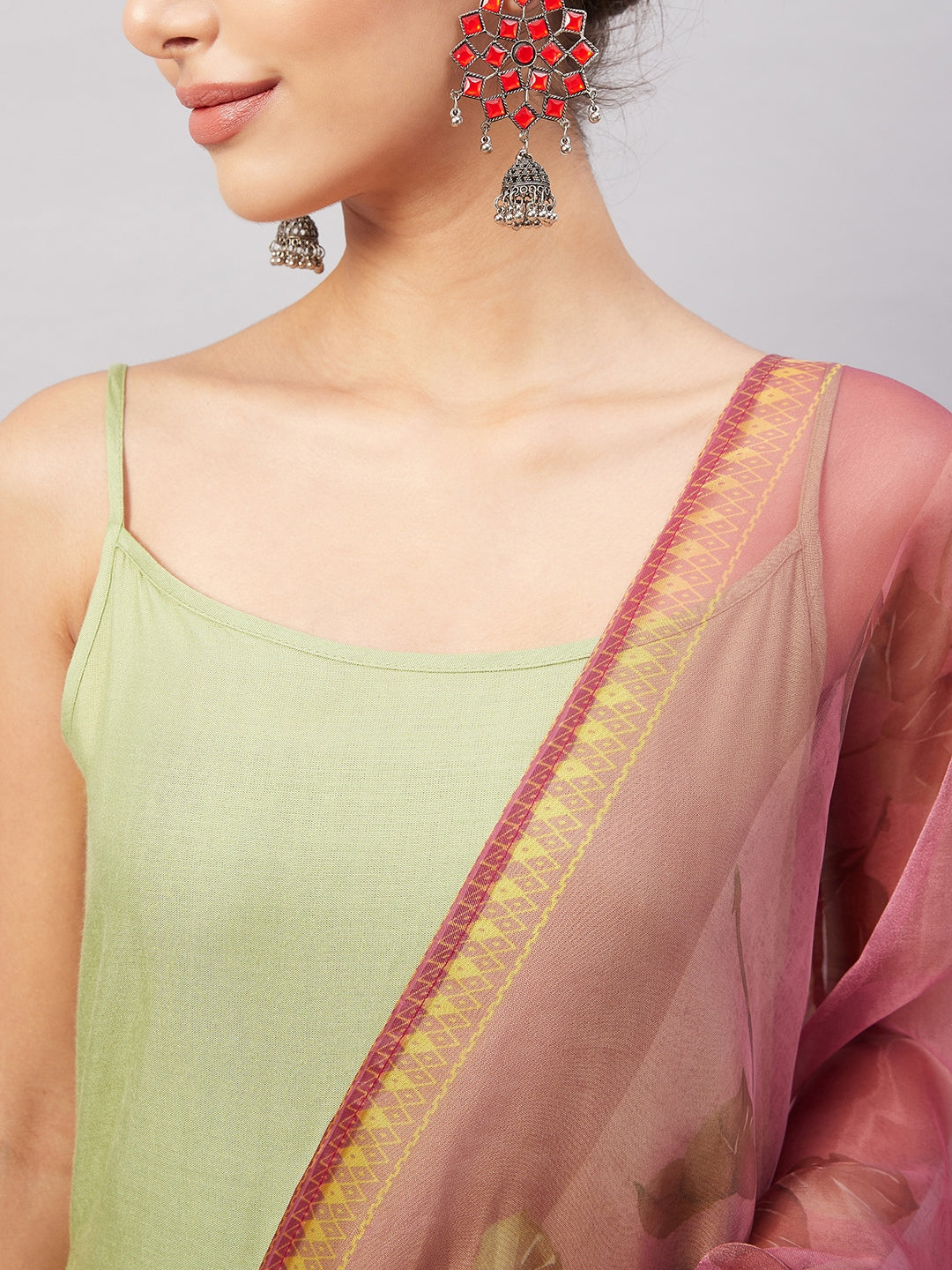 InWeave Women's Light Green R Strappy Set W Pink Print Organza Dupatta