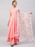 InWeave Women's Light Pink Sleeveless Kurta Set W White Peach Organza Dupatta