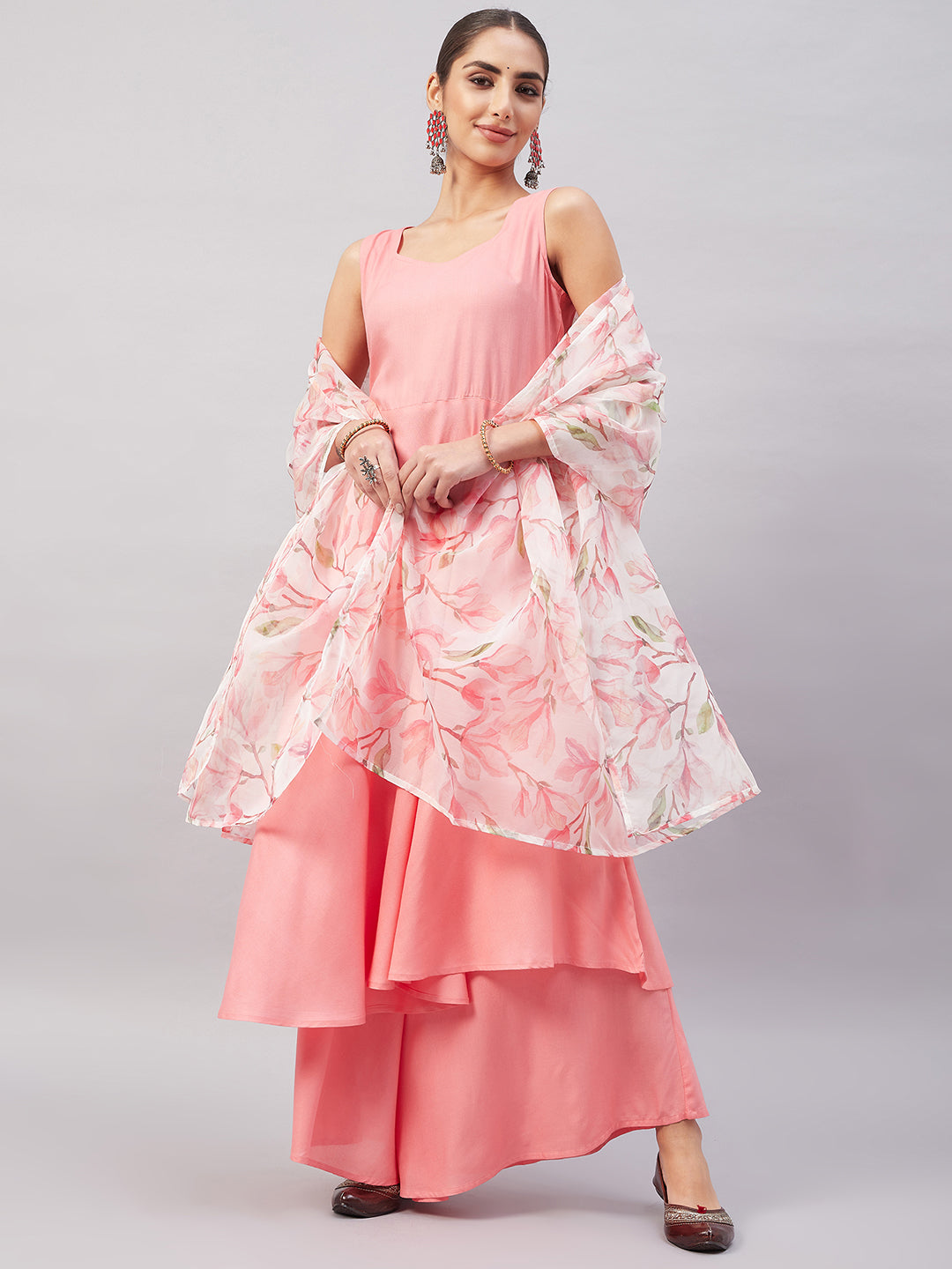 InWeave Women's Light Pink Sleeveless Kurta Set W White Peach Organza Dupatta