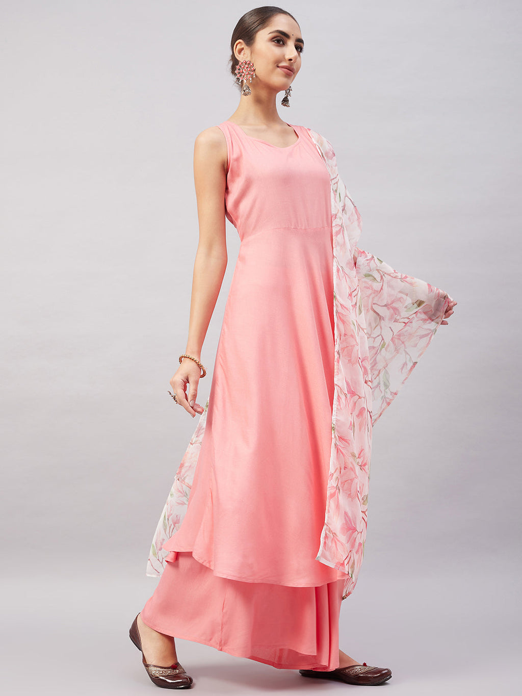 InWeave Women's Light Pink Sleeveless Kurta Set W White Peach Organza Dupatta