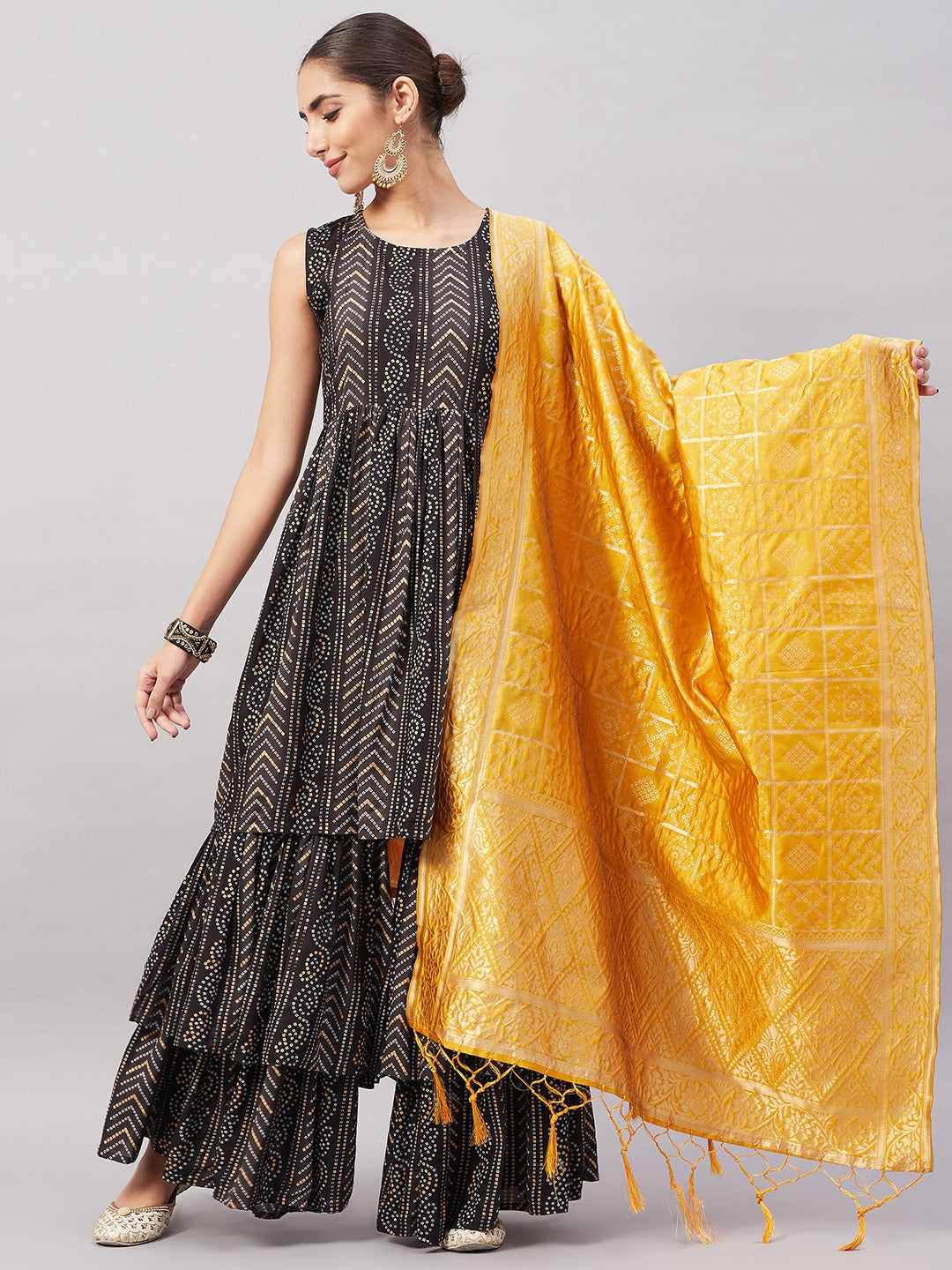 InWeave Women's Black Bandhani Teired Sharara Set W Mustard Brocade Dupatta