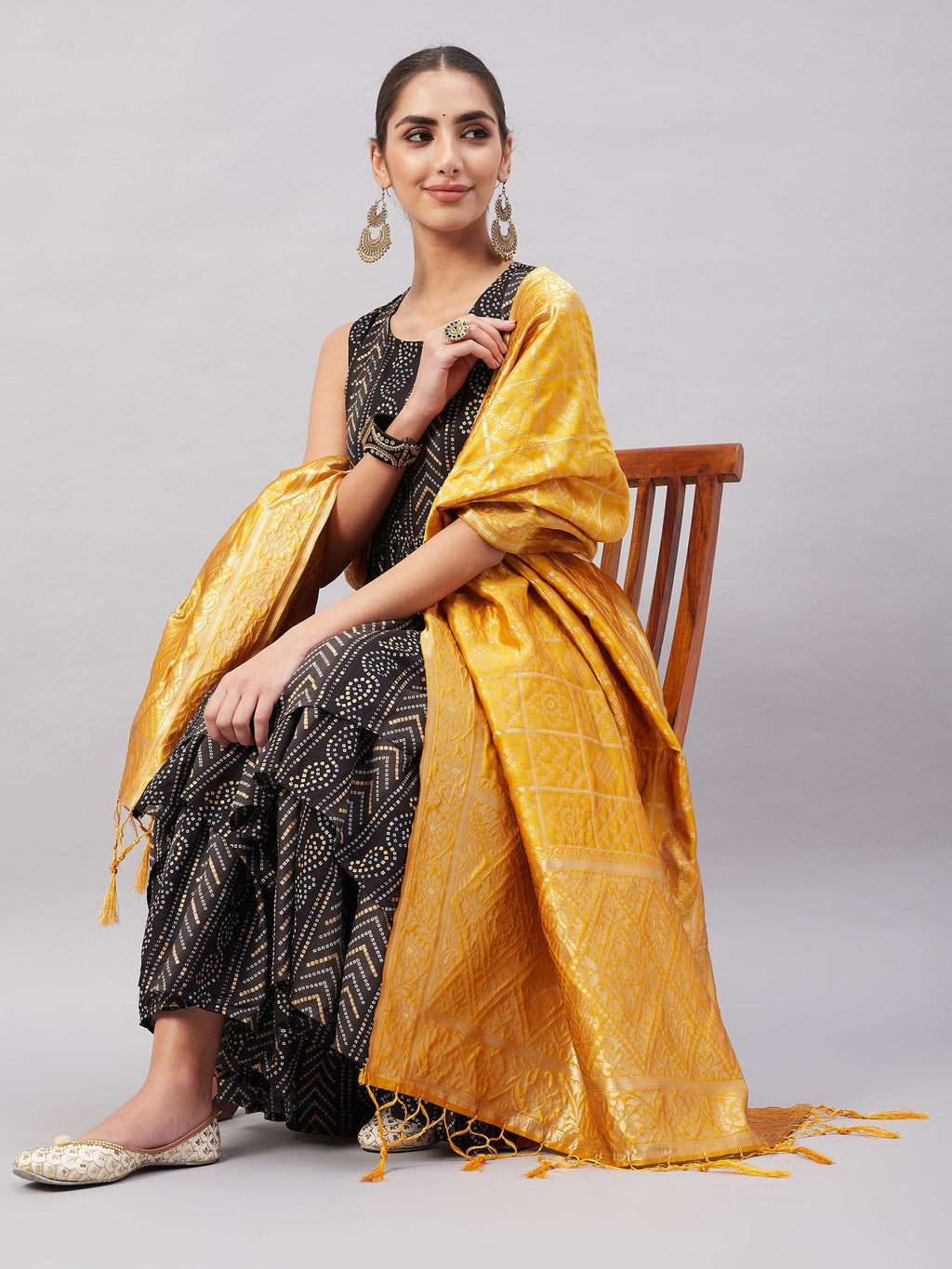 InWeave Women's Black Bandhani Teired Sharara Set W Mustard Brocade Dupatta