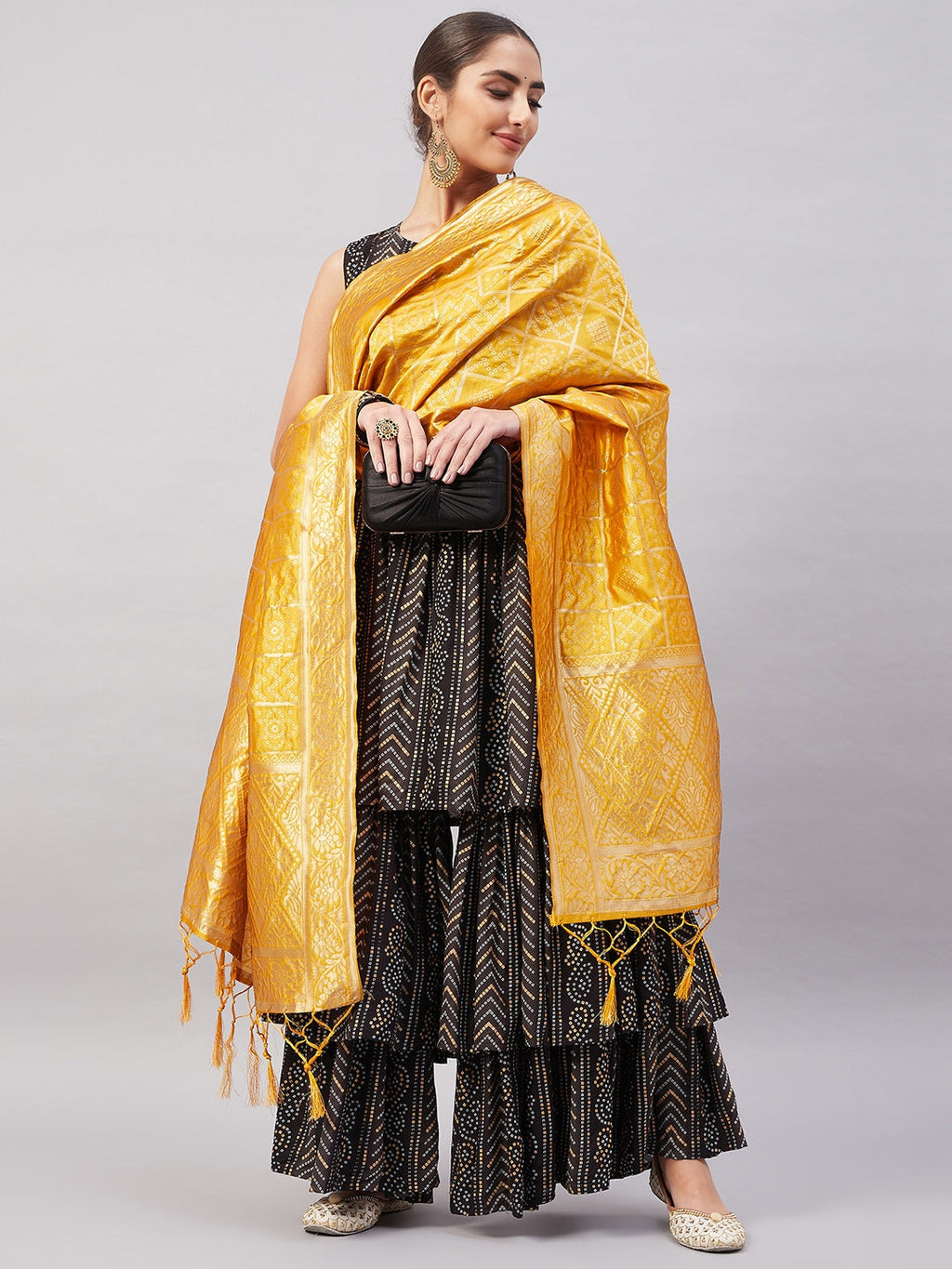 InWeave Women's Black Bandhani Teired Sharara Set W Mustard Brocade Dupatta