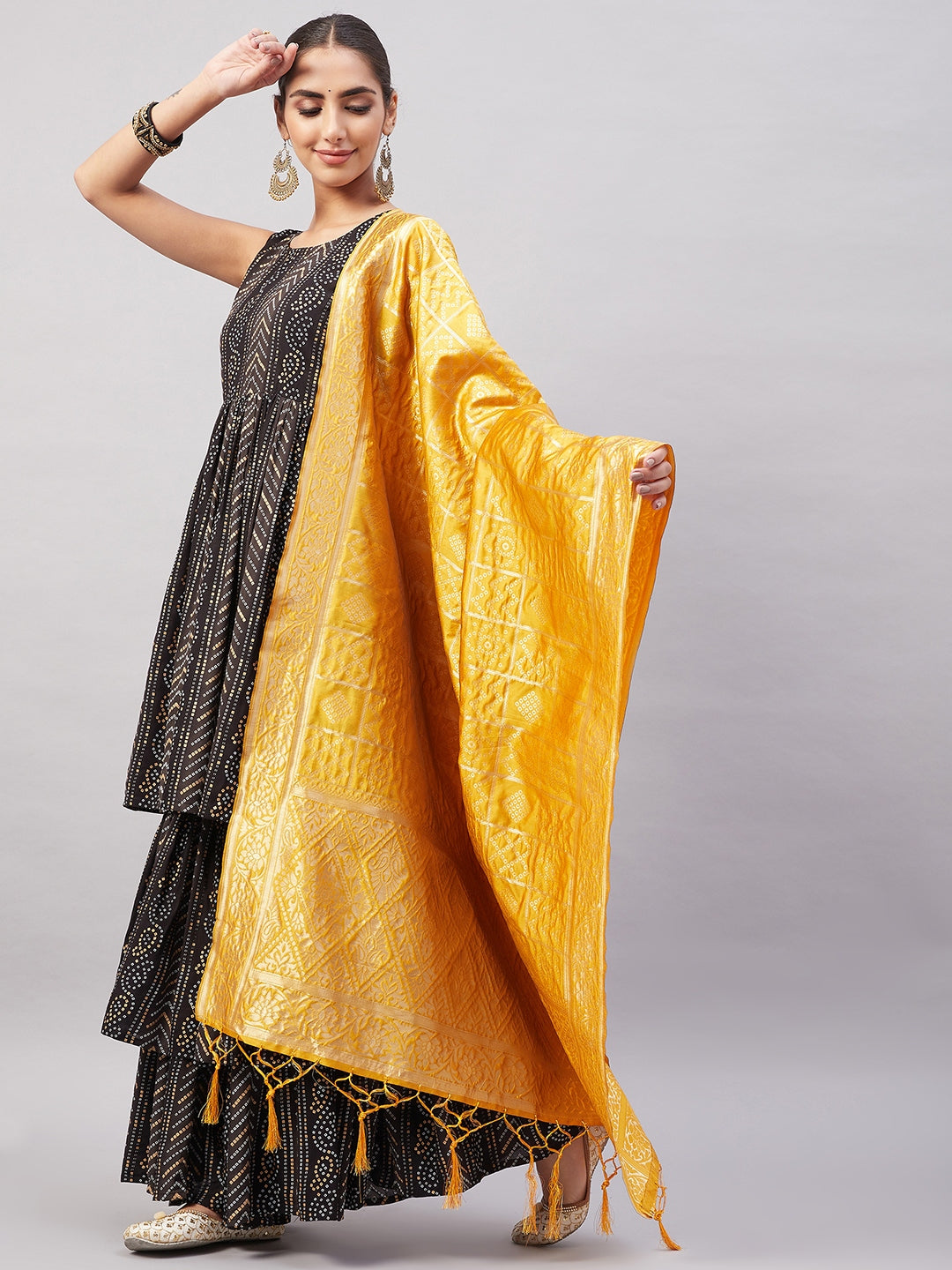 InWeave Women's Black Bandhani Teired Sharara Set W Mustard Brocade Dupatta
