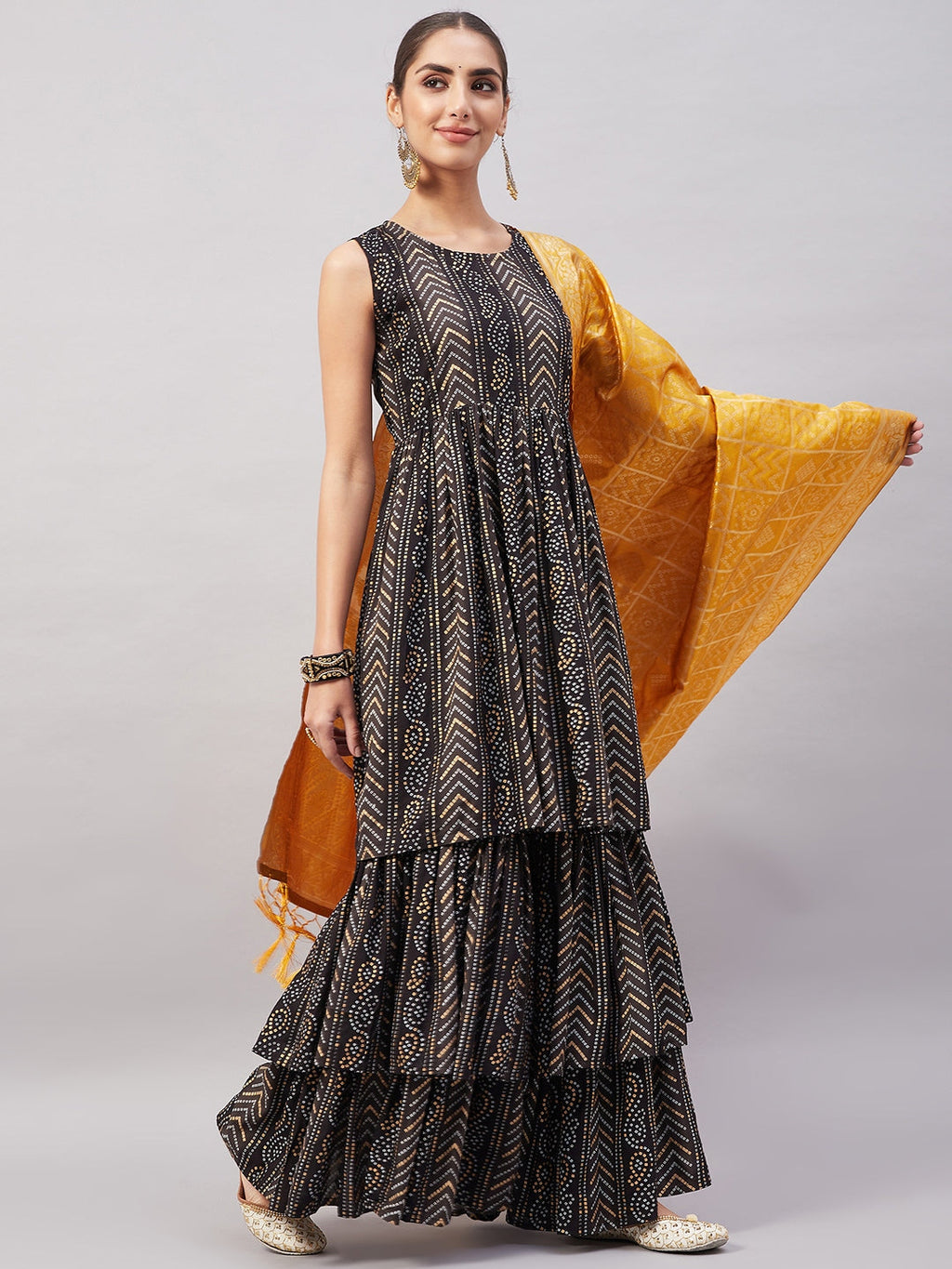 InWeave Women's Black Bandhani Teired Sharara Set W Mustard Brocade Dupatta