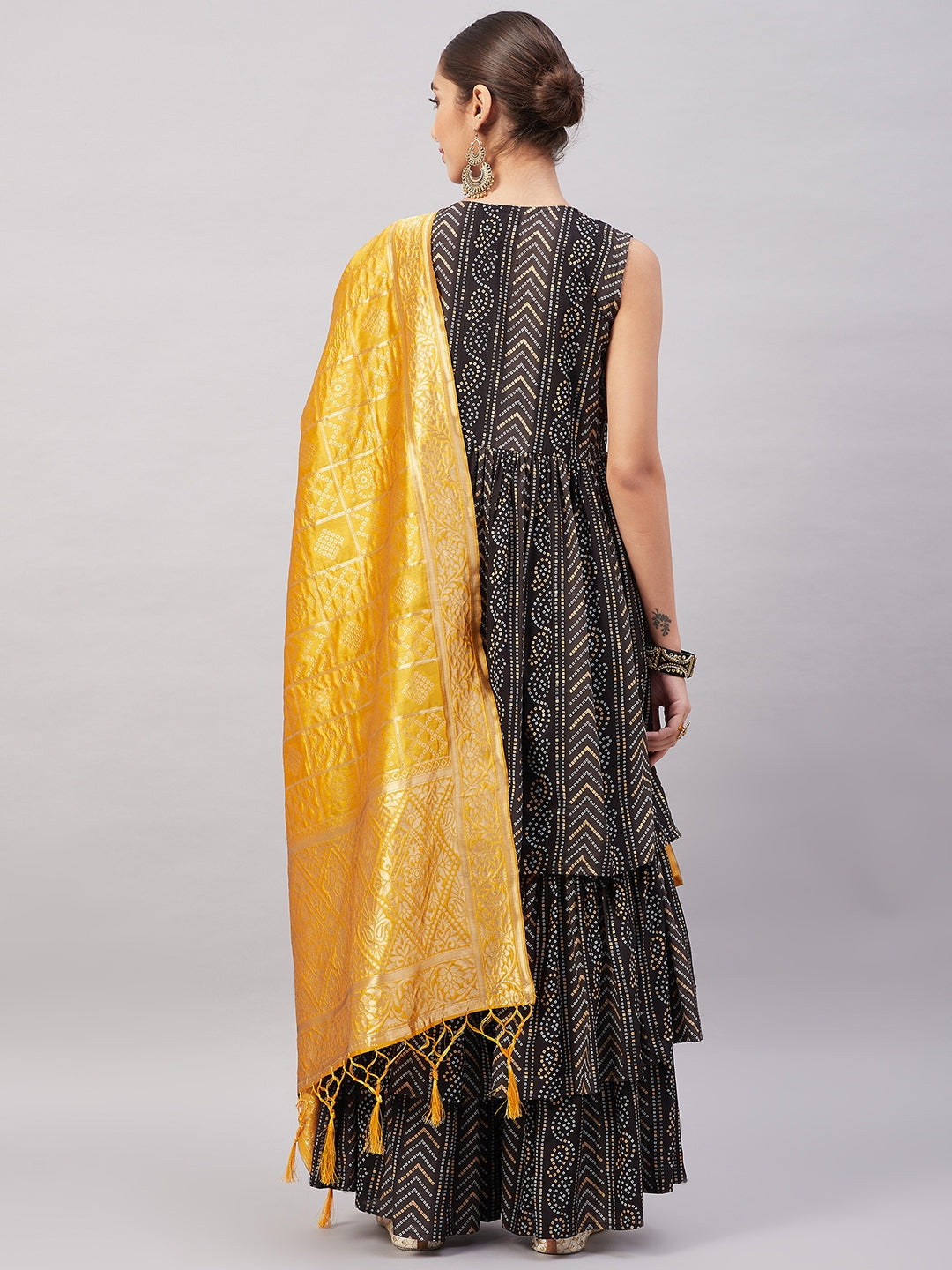 InWeave Women's Black Bandhani Teired Sharara Set W Mustard Brocade Dupatta
