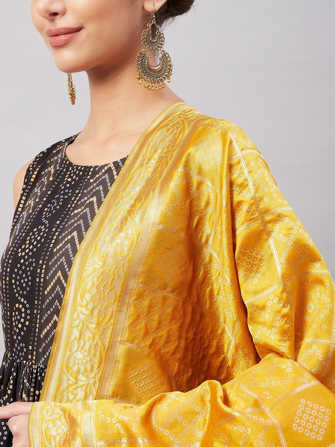 InWeave Women's Black Bandhani Teired Sharara Set W Mustard Brocade Dupatta