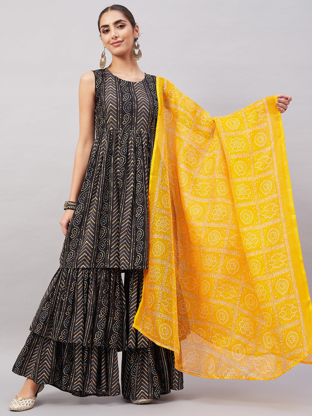 InWeave Women's Black Bandhani Teired Sharara Set W Mustard Kota Dupatta
