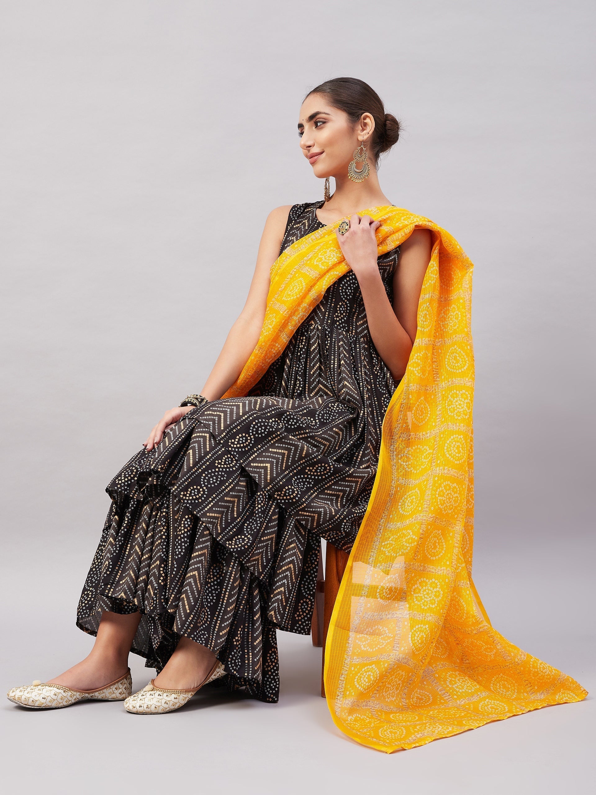 InWeave Women's Black Bandhani Teired Sharara Set W Mustard Kota Dupatta