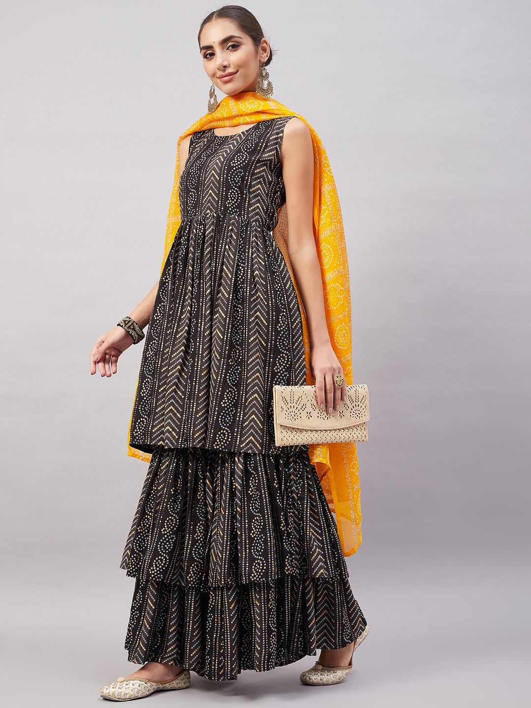 InWeave Women's Black Bandhani Teired Sharara Set W Mustard Kota Dupatta