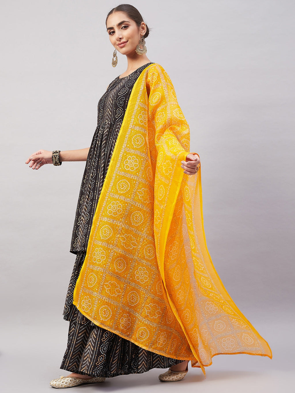 InWeave Women's Black Bandhani Teired Sharara Set W Mustard Kota Dupatta