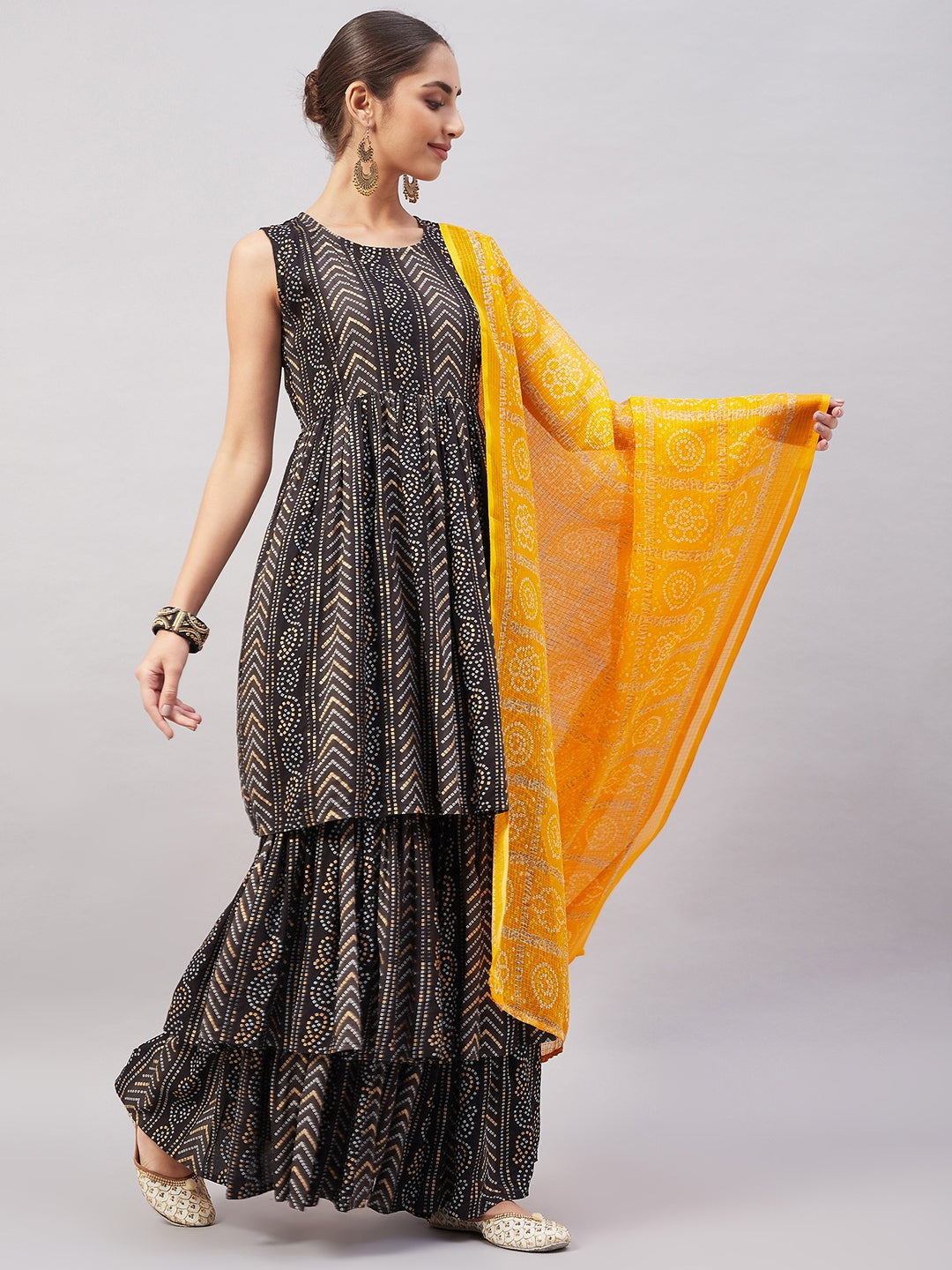 InWeave Women's Black Bandhani Teired Sharara Set W Mustard Kota Dupatta