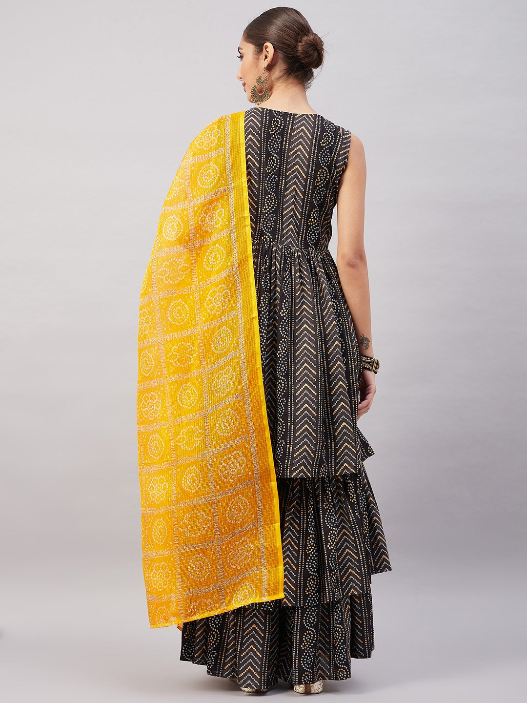 InWeave Women's Black Bandhani Teired Sharara Set W Mustard Kota Dupatta