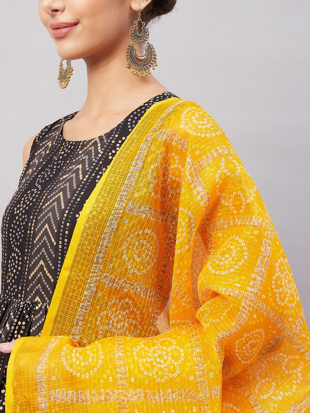 InWeave Women's Black Bandhani Teired Sharara Set W Mustard Kota Dupatta