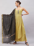 InWeave Women's Yelllow Floarl Print Strappy Set W Black Gold Check Dupatta