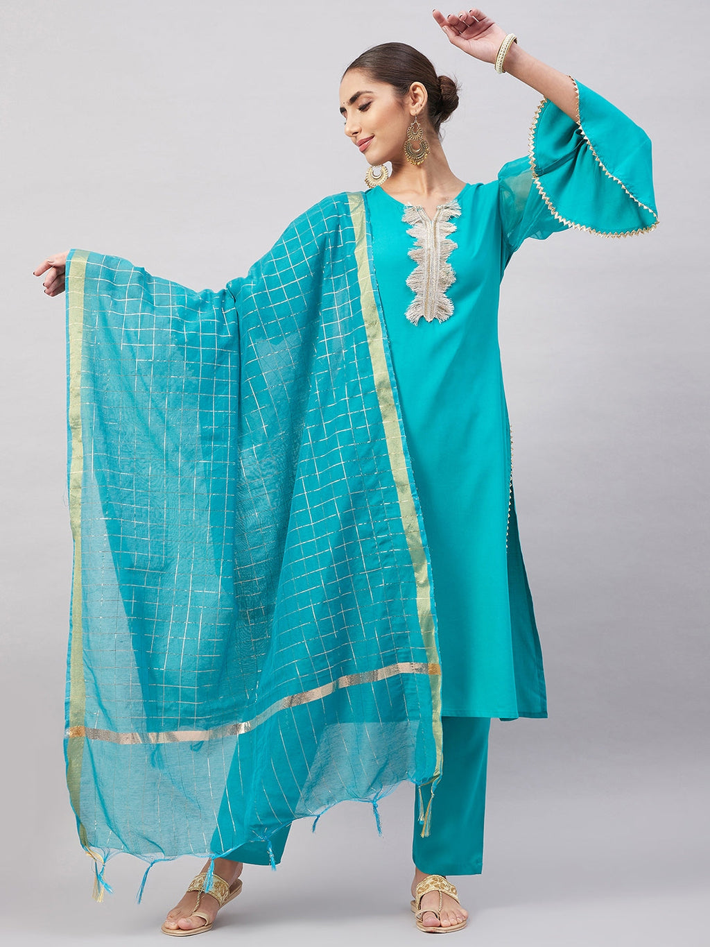 InWeave Women's Aqua Organza Sleeve Kurta Set With Teal Gold Check Dupatta