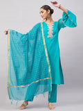 InWeave Women's Aqua Organza Sleeve Kurta Set With Teal Gold Check Dupatta