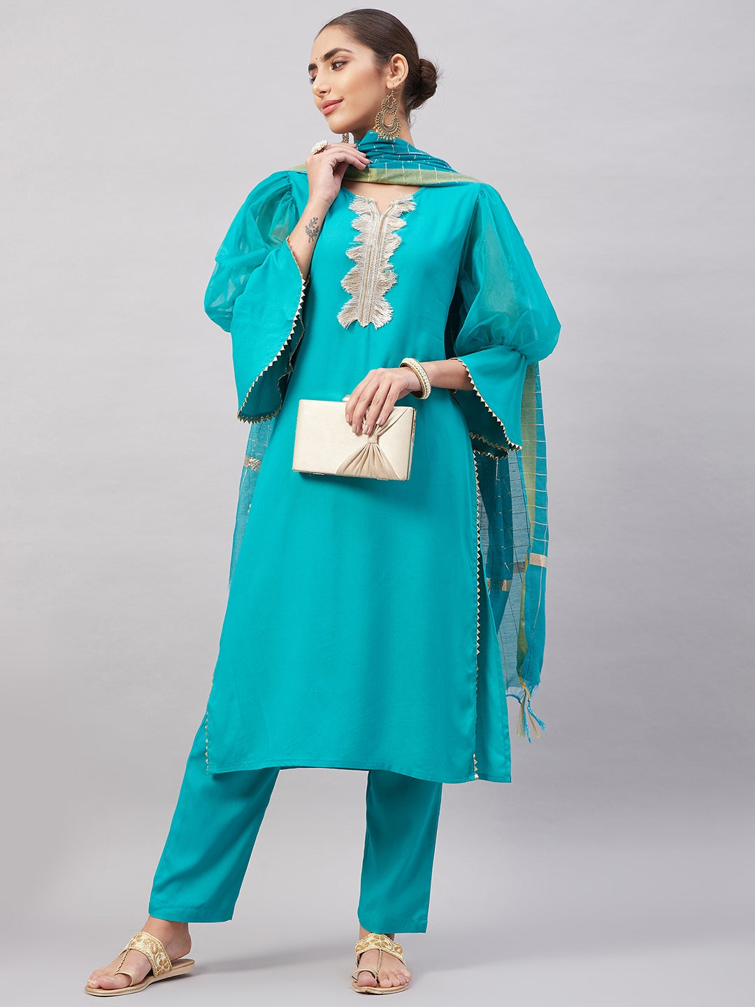 InWeave Women's Aqua Organza Sleeve Kurta Set With Teal Gold Check Dupatta