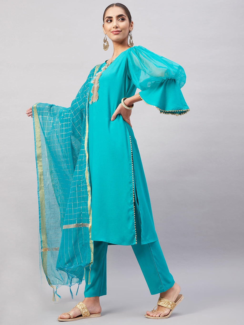 InWeave Women's Aqua Organza Sleeve Kurta Set With Teal Gold Check Dupatta