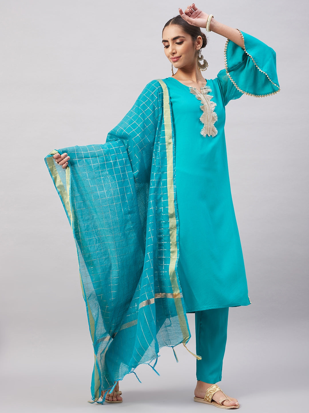 InWeave Women's Aqua Organza Sleeve Kurta Set With Teal Gold Check Dupatta