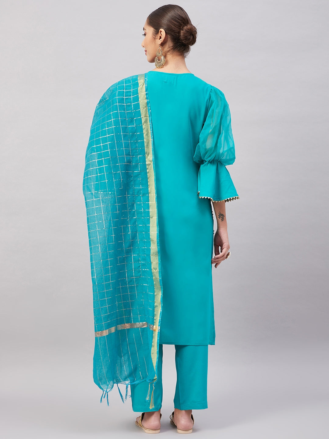 InWeave Women's Aqua Organza Sleeve Kurta Set With Teal Gold Check Dupatta