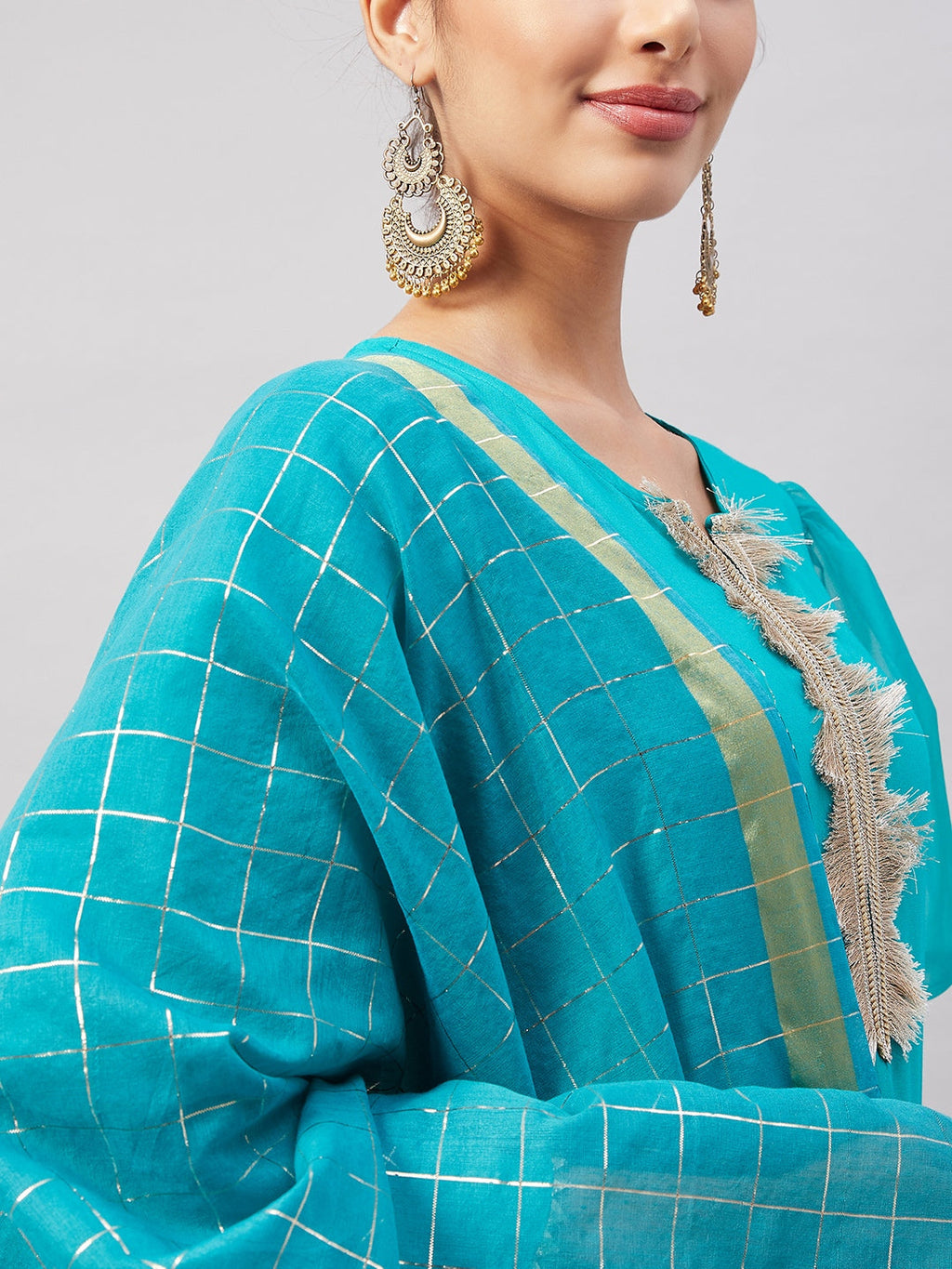 InWeave Women's Aqua Organza Sleeve Kurta Set With Teal Gold Check Dupatta