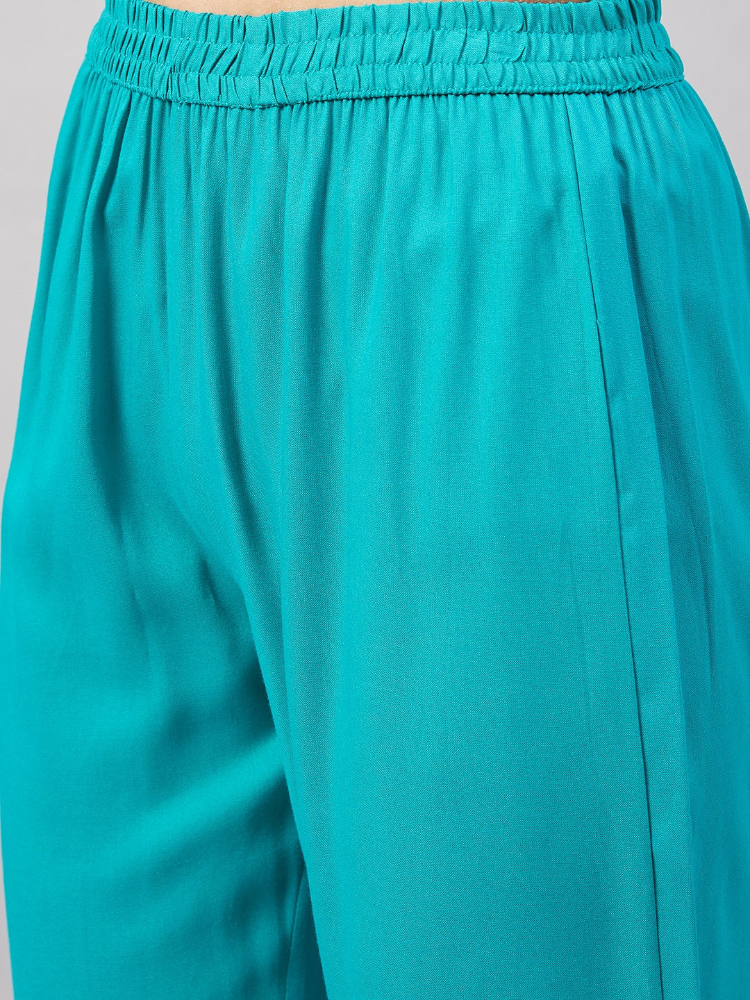 InWeave Women's Aqua Organza Sleeve Kurta Set With Teal Gold Check Dupatta