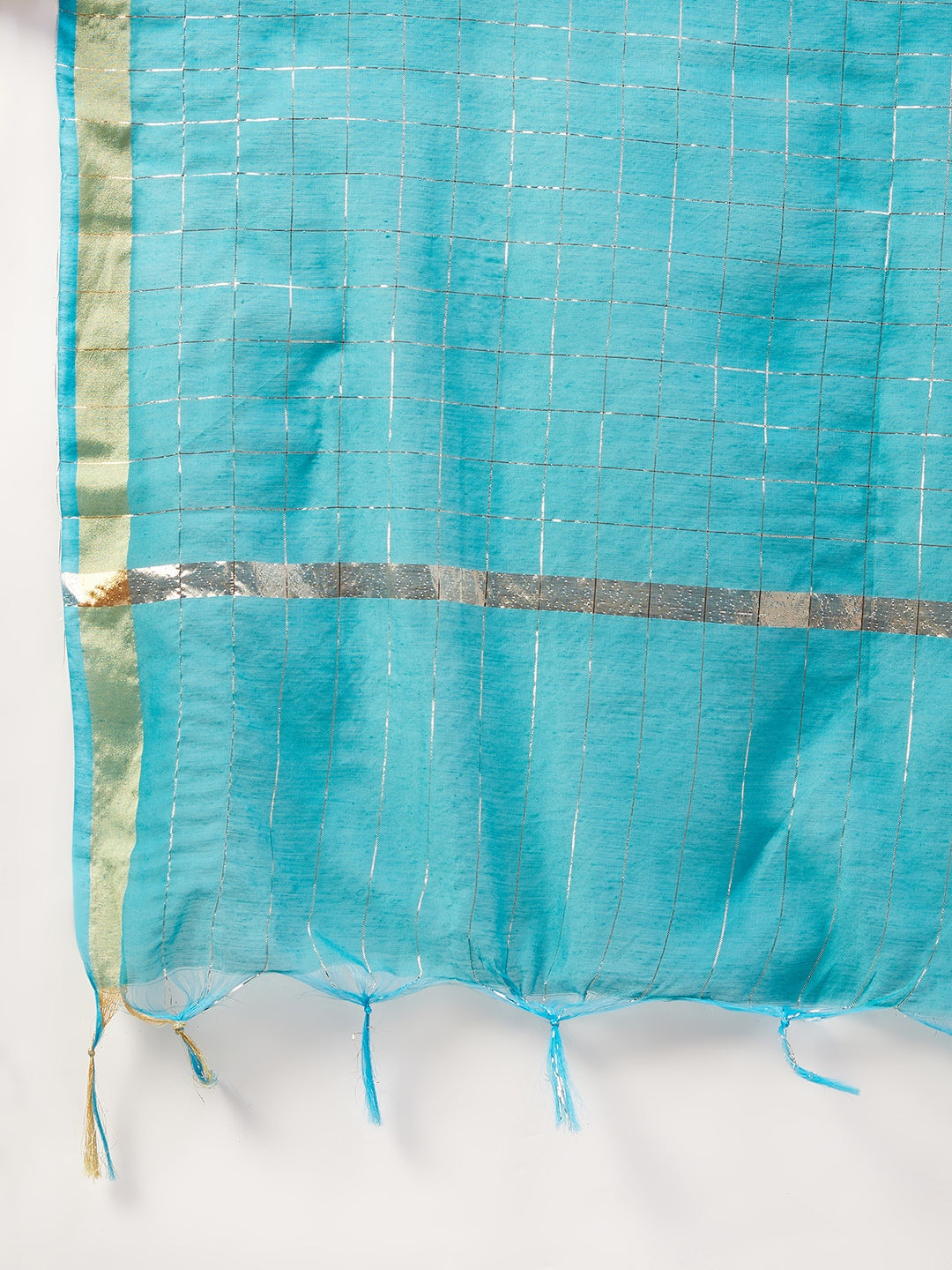 InWeave Women's Aqua Organza Sleeve Kurta Set With Teal Gold Check Dupatta