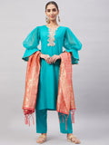 InWeave Women's Aqua Organza Sleeve Kurta Set With Peach Brocade Dupatta