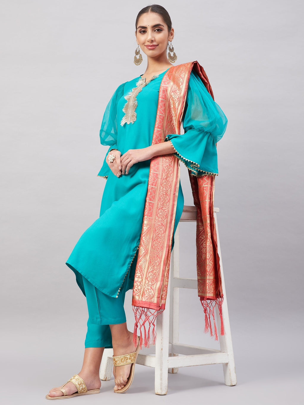 InWeave Women's Aqua Organza Sleeve Kurta Set With Peach Brocade Dupatta