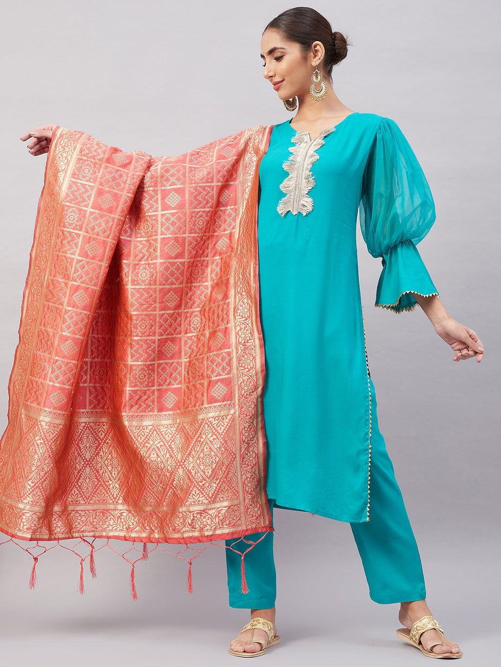 InWeave Women's Aqua Organza Sleeve Kurta Set With Peach Brocade Dupatta