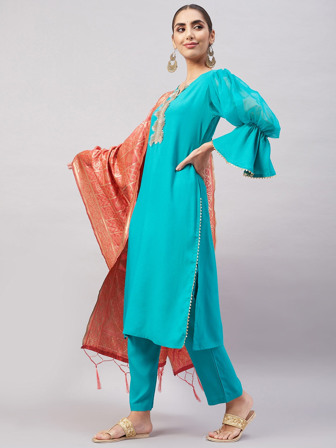 InWeave Women's Aqua Organza Sleeve Kurta Set With Peach Brocade Dupatta