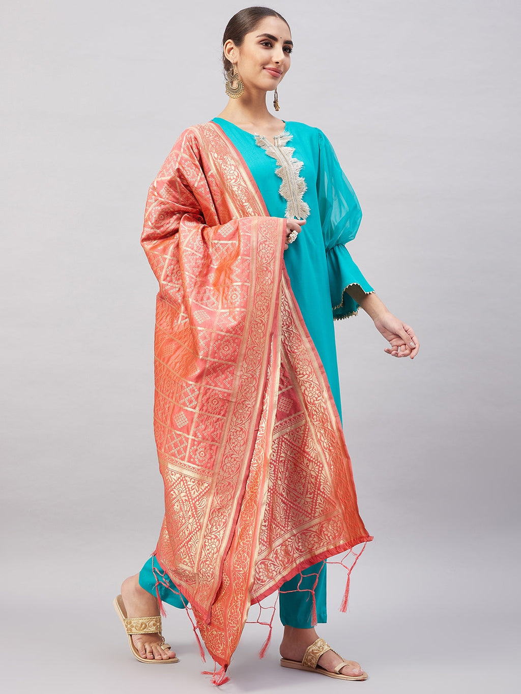 InWeave Women's Aqua Organza Sleeve Kurta Set With Peach Brocade Dupatta