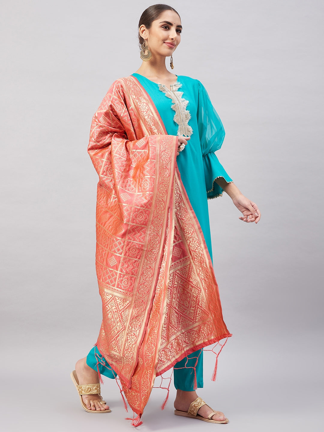 InWeave Women's Aqua Organza Sleeve Kurta Set With Peach Brocade Dupatta