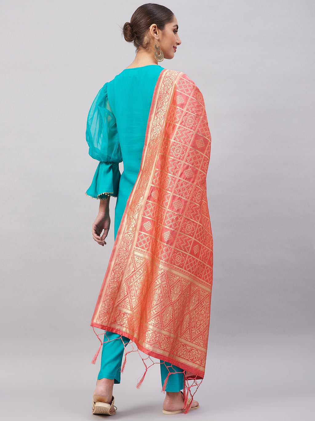 InWeave Women's Aqua Organza Sleeve Kurta Set With Peach Brocade Dupatta