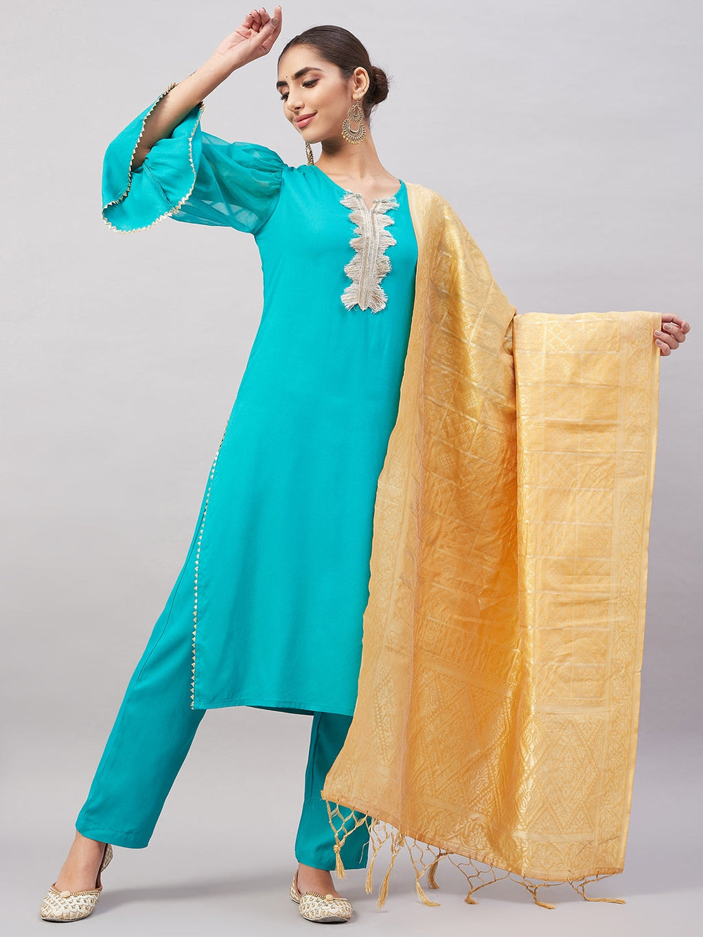 InWeave Women's Aqua Organza Sleeve Kurta Set With Beige Brocade Dupatta