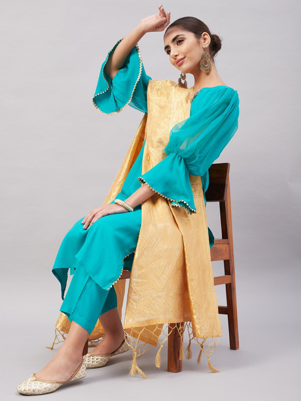 InWeave Women's Aqua Organza Sleeve Kurta Set With Beige Brocade Dupatta