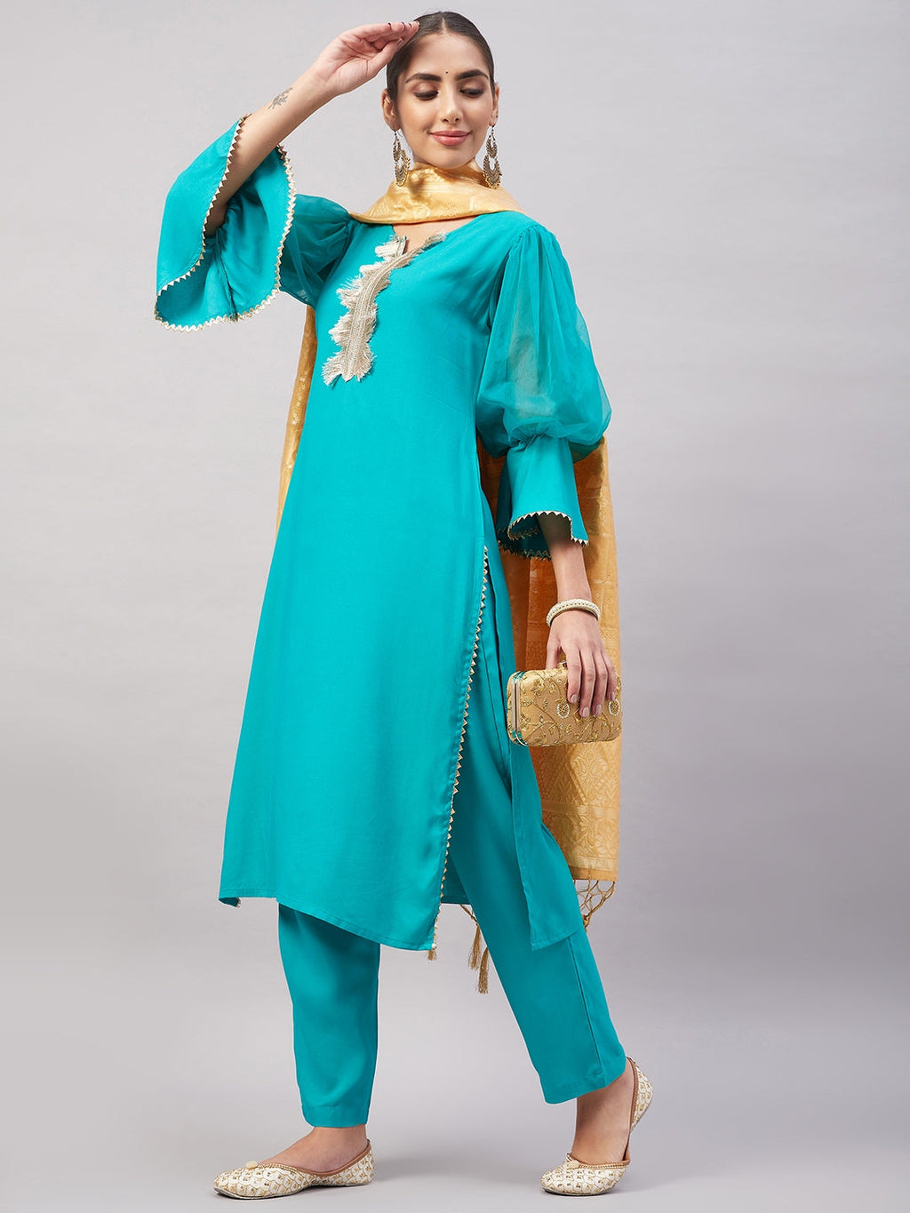 InWeave Women's Aqua Organza Sleeve Kurta Set With Beige Brocade Dupatta