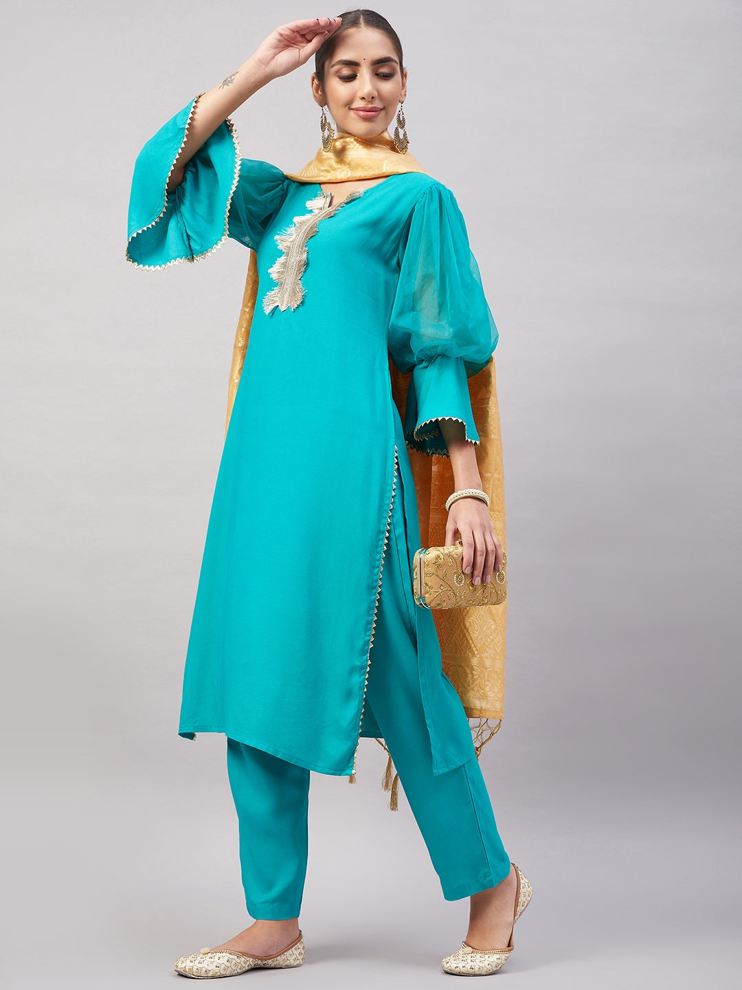 InWeave Women's Aqua Organza Sleeve Kurta Set With Beige Brocade Dupatta
