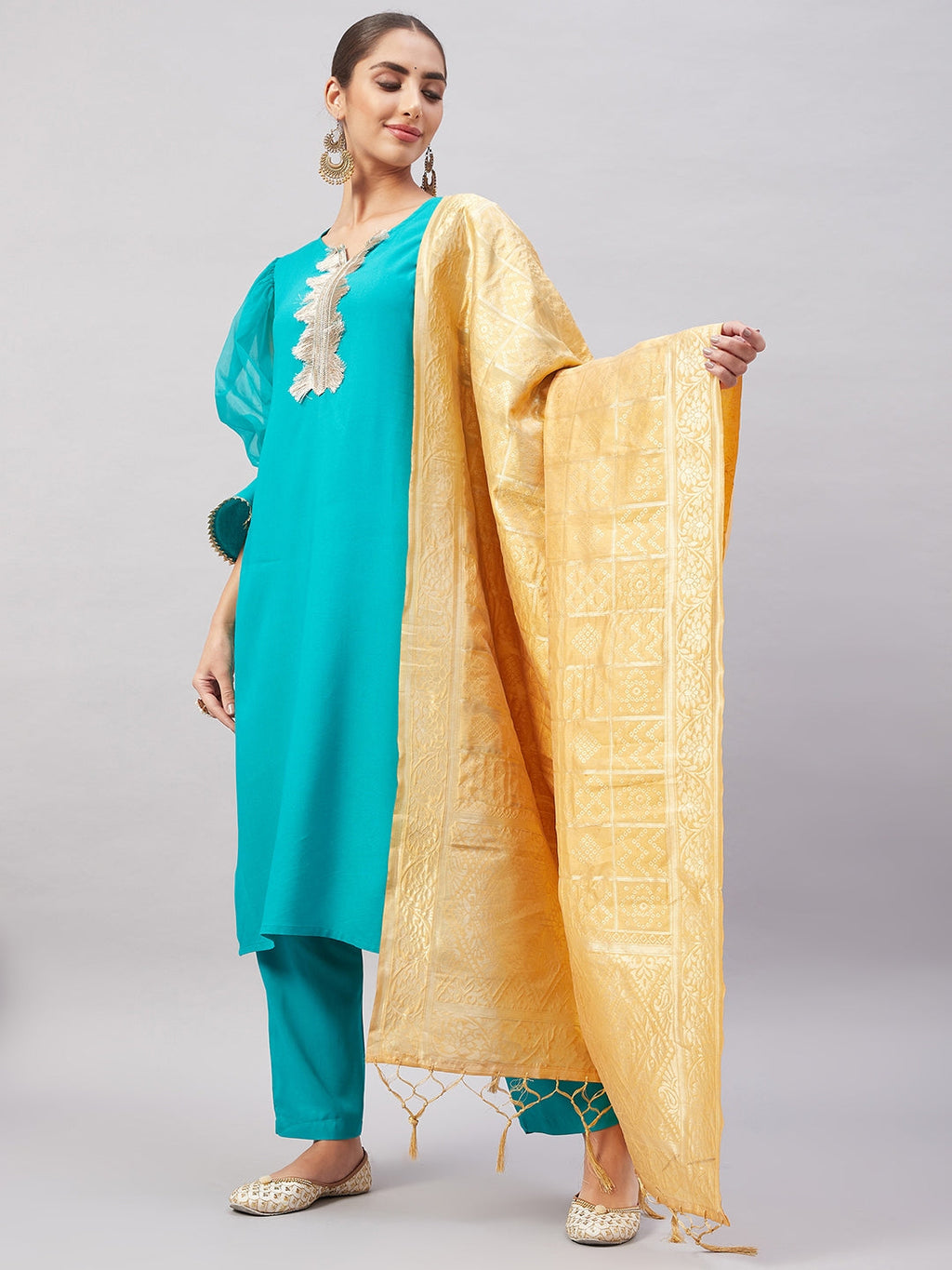 InWeave Women's Aqua Organza Sleeve Kurta Set With Beige Brocade Dupatta