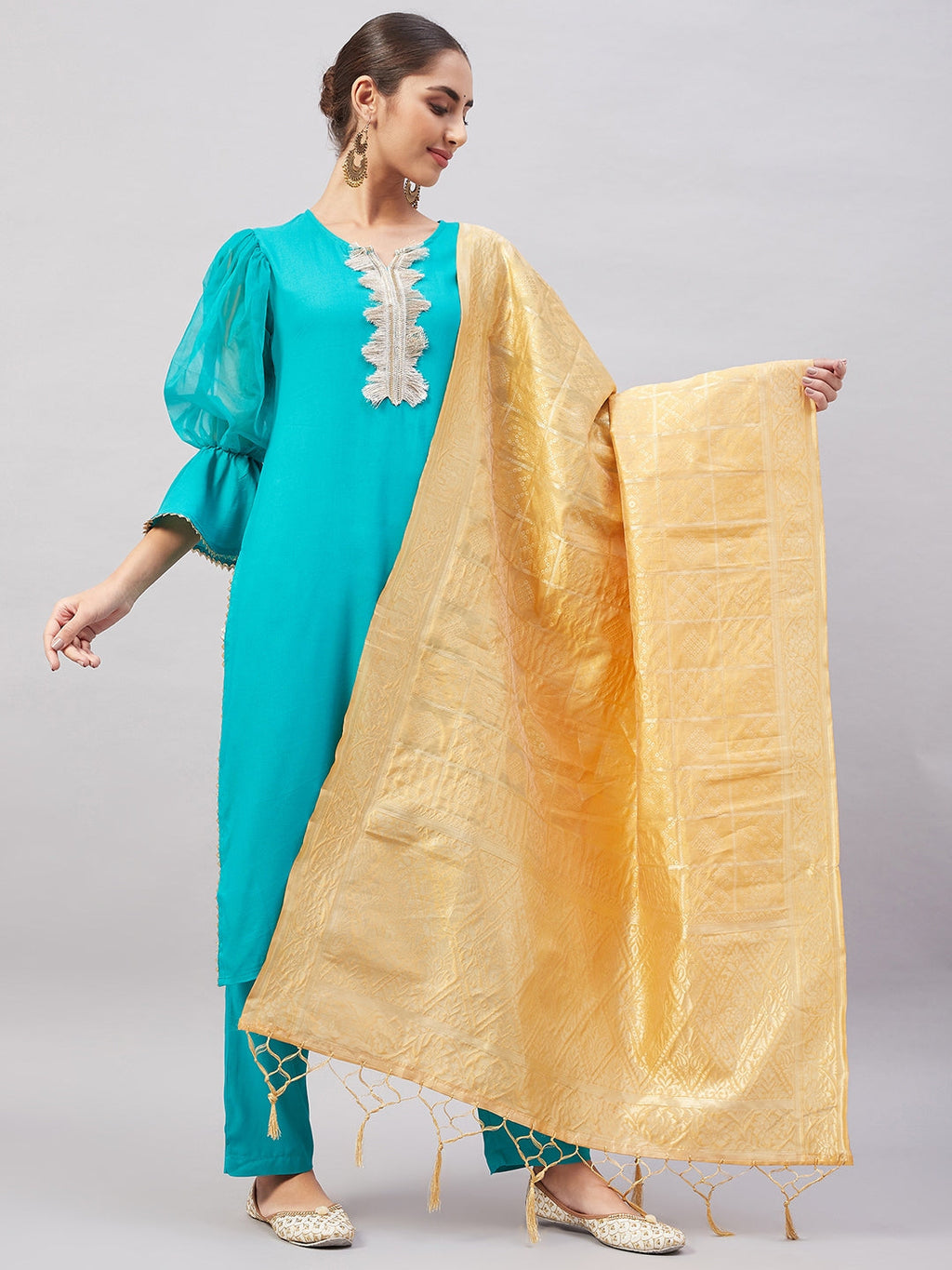 InWeave Women's Aqua Organza Sleeve Kurta Set With Beige Brocade Dupatta
