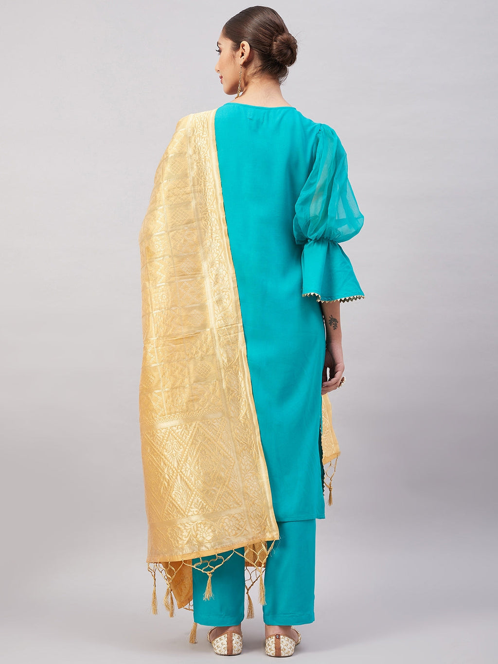 InWeave Women's Aqua Organza Sleeve Kurta Set With Beige Brocade Dupatta