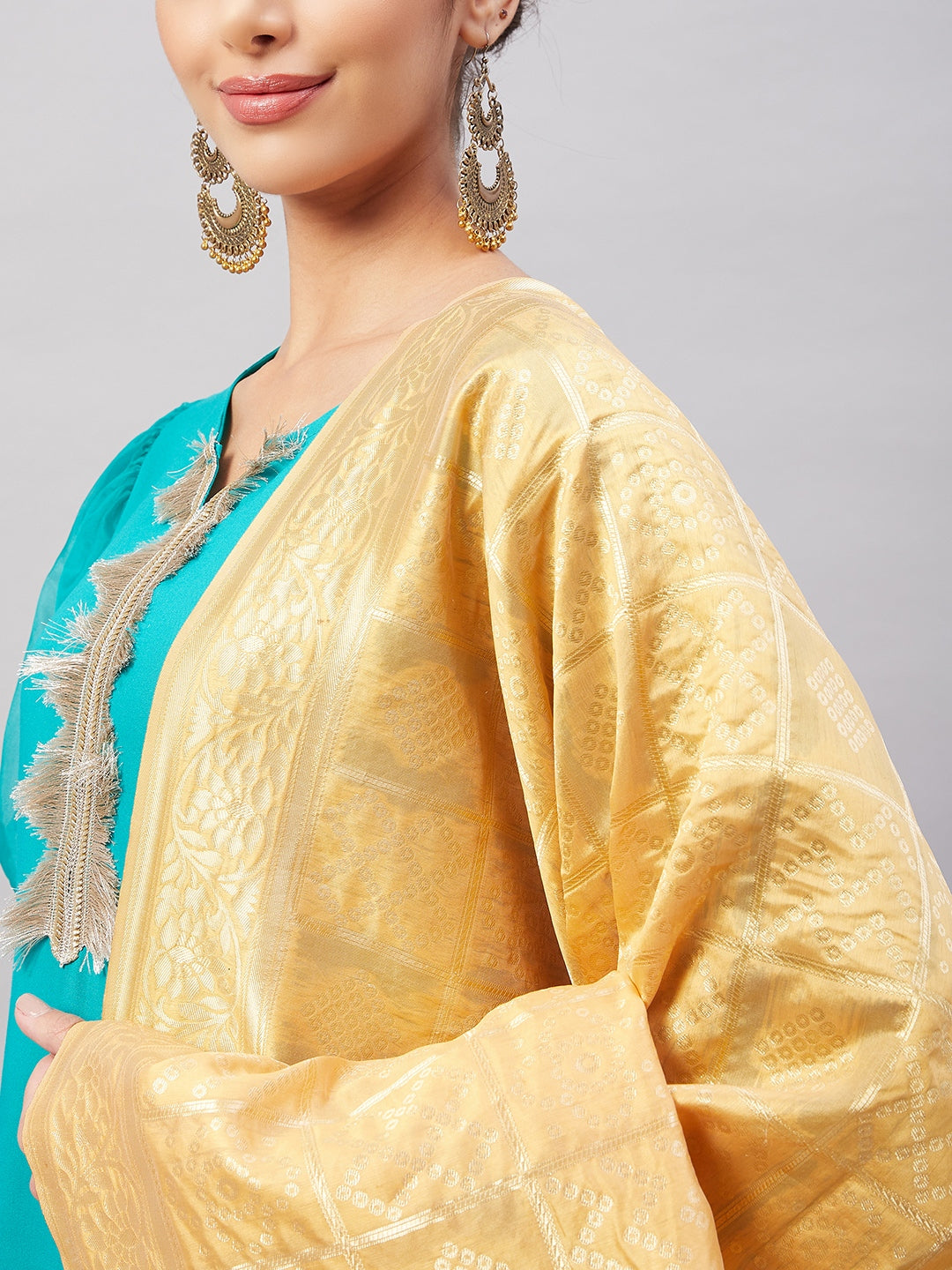 InWeave Women's Aqua Organza Sleeve Kurta Set With Beige Brocade Dupatta