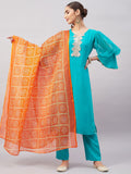 InWeave Women's Aqua Organza Sleeve Kurta Set With Orange Kota Dupatta