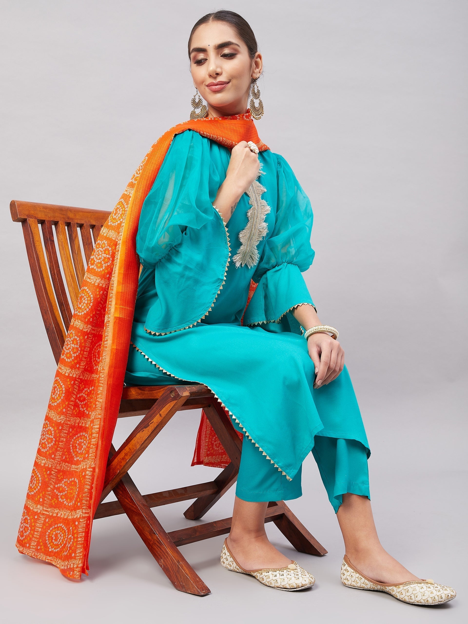 InWeave Women's Aqua Organza Sleeve Kurta Set With Orange Kota Dupatta
