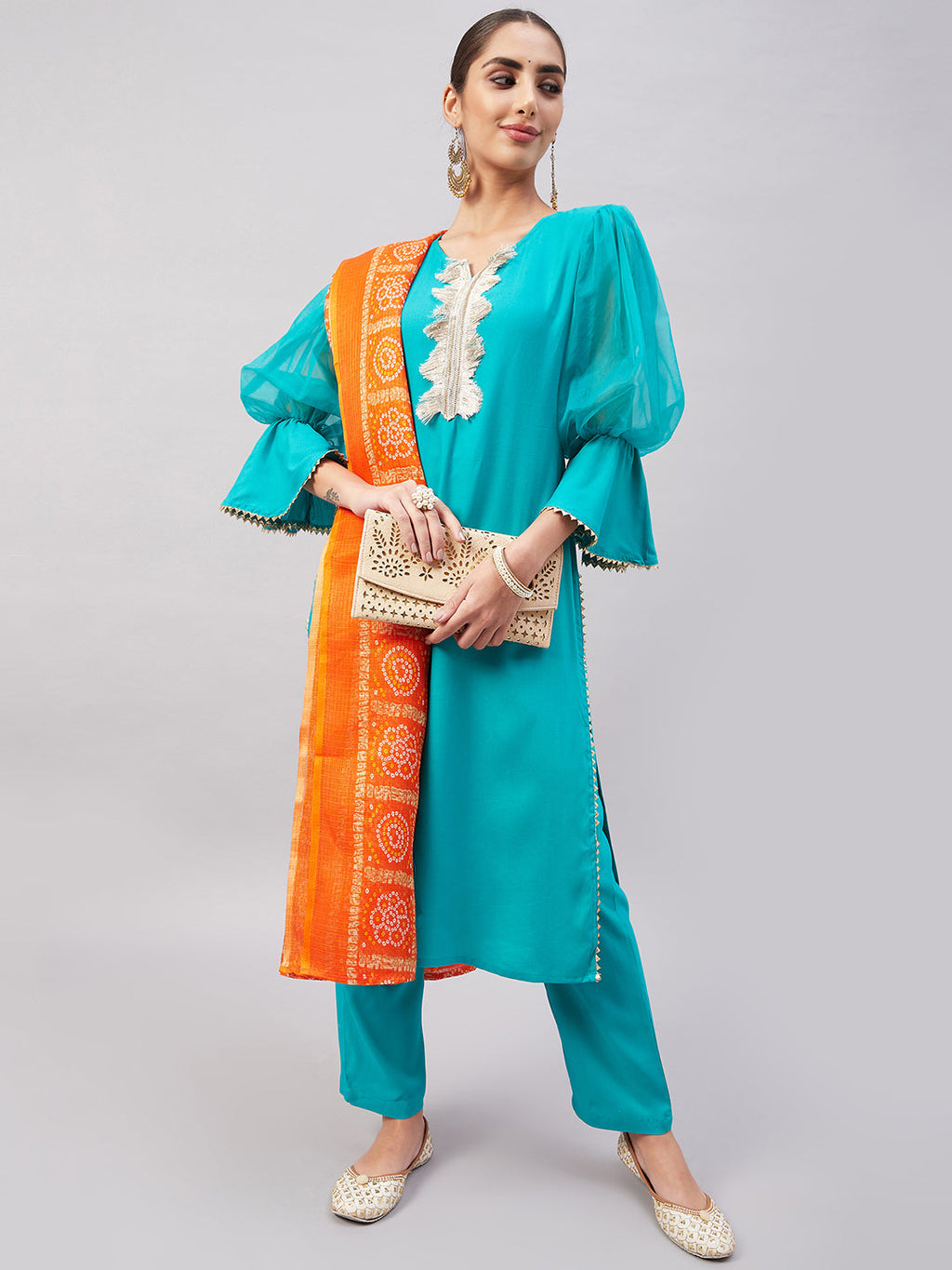 InWeave Women's Aqua Organza Sleeve Kurta Set With Orange Kota Dupatta