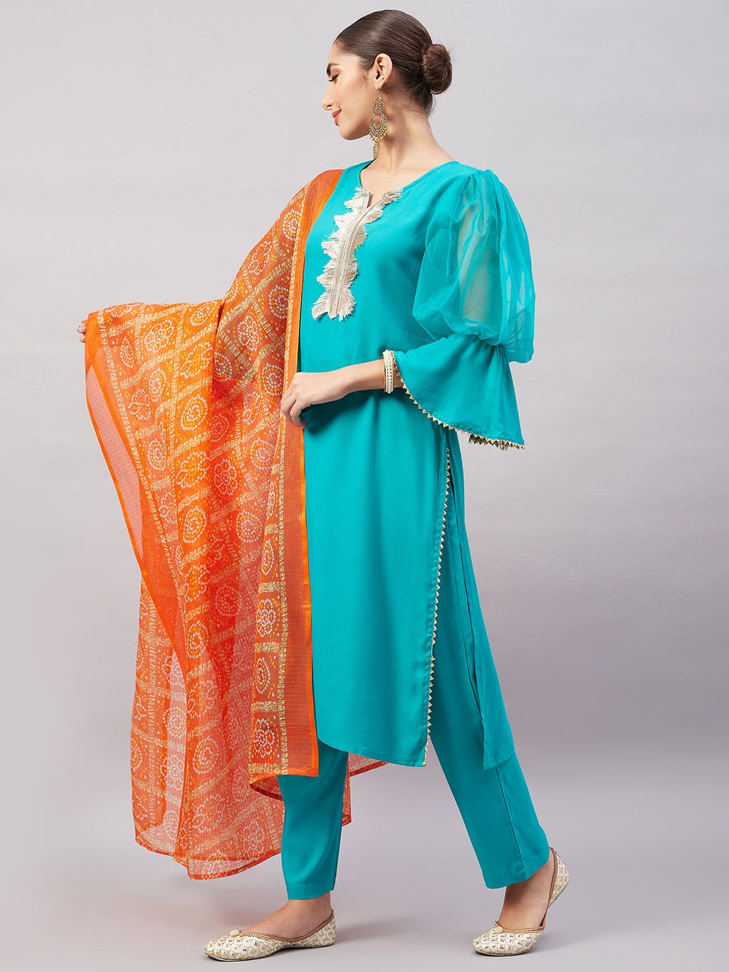 InWeave Women's Aqua Organza Sleeve Kurta Set With Orange Kota Dupatta