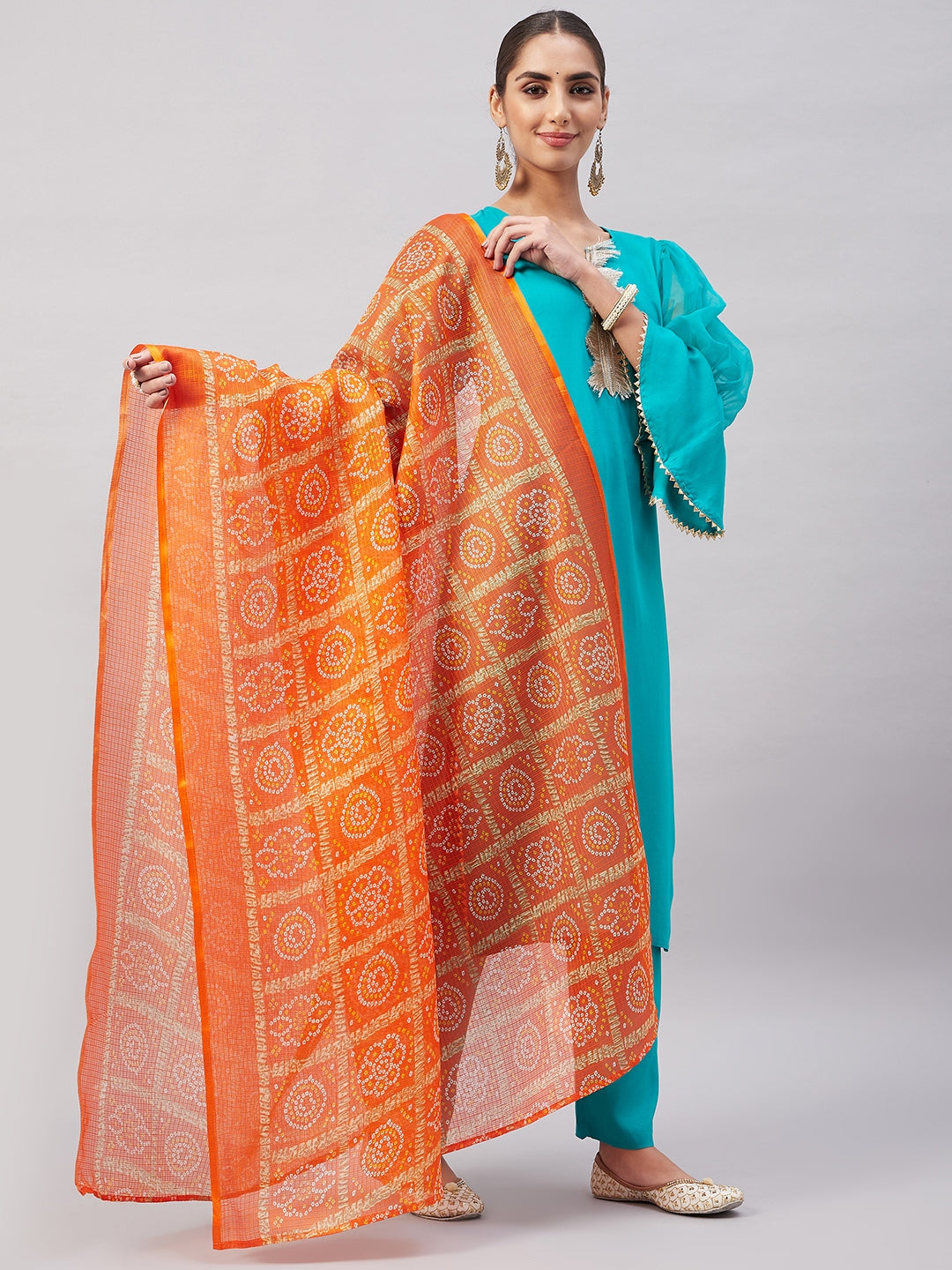 InWeave Women's Aqua Organza Sleeve Kurta Set With Orange Kota Dupatta