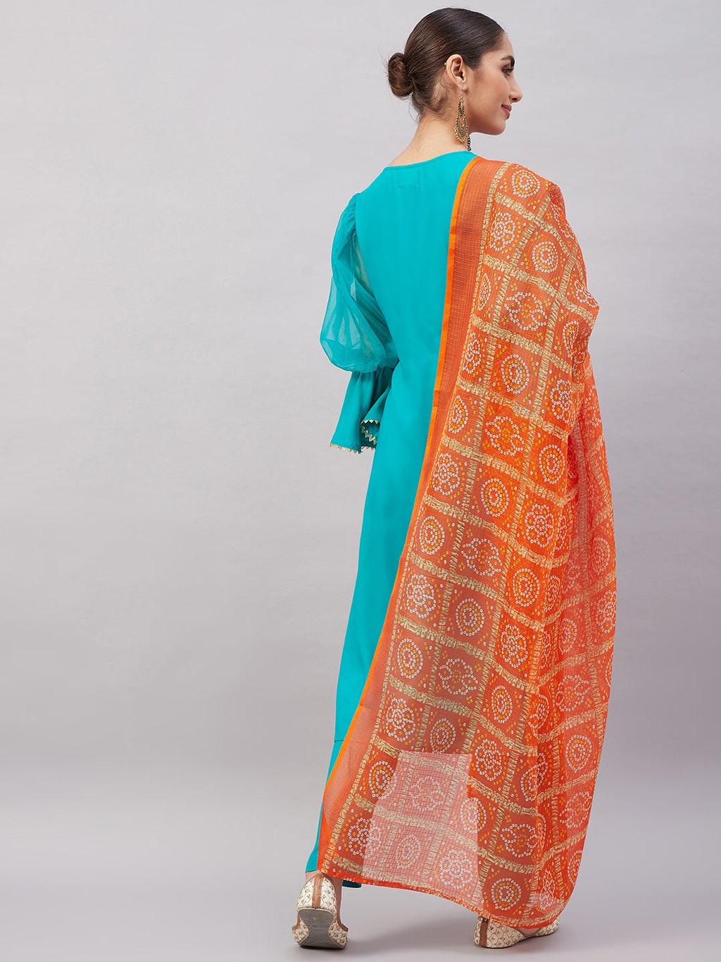 InWeave Women's Aqua Organza Sleeve Kurta Set With Orange Kota Dupatta