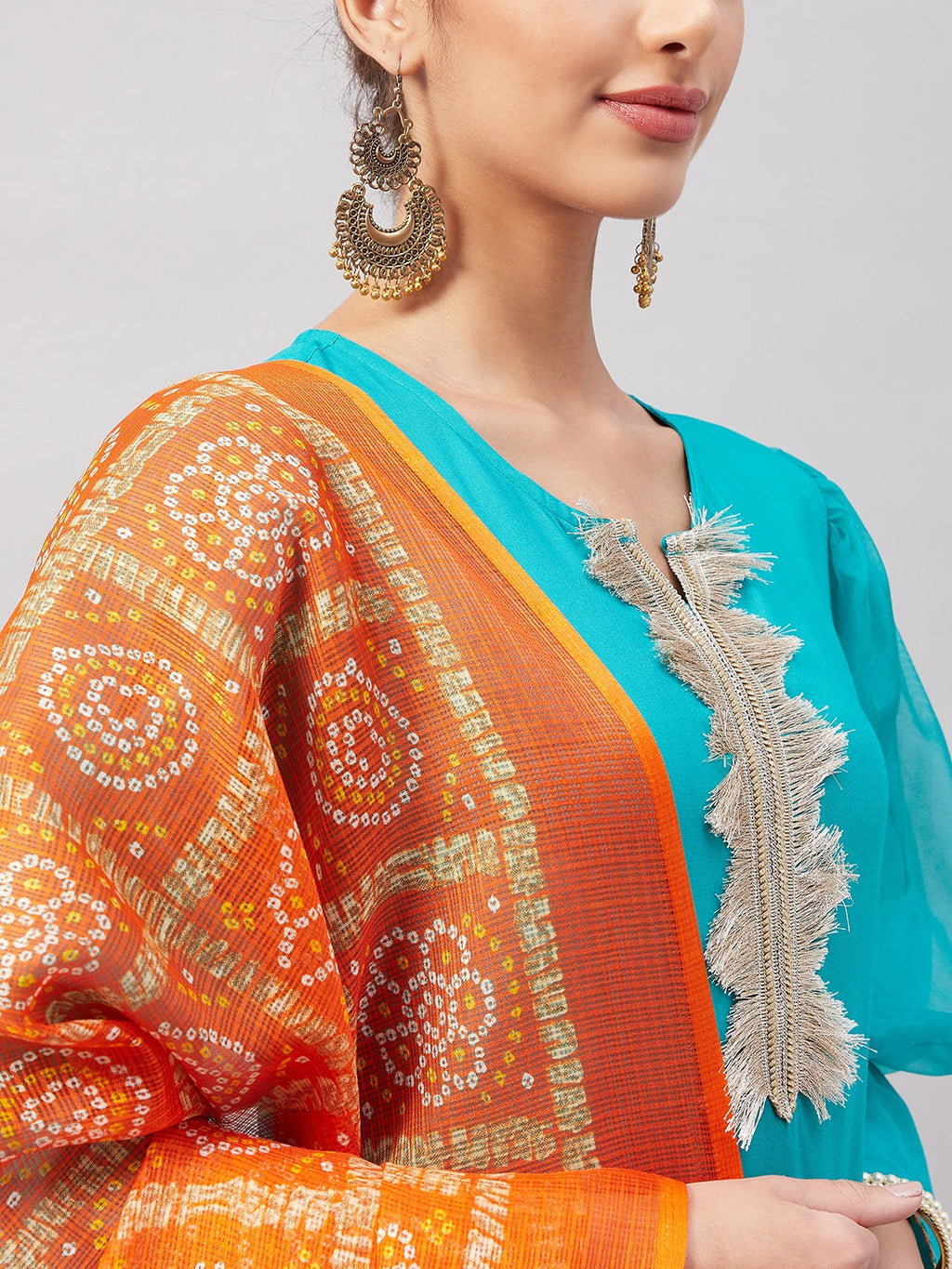 InWeave Women's Aqua Organza Sleeve Kurta Set With Orange Kota Dupatta